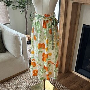Rachel Zoe Linen Floral Midi Skirt with Orange and Green Accents